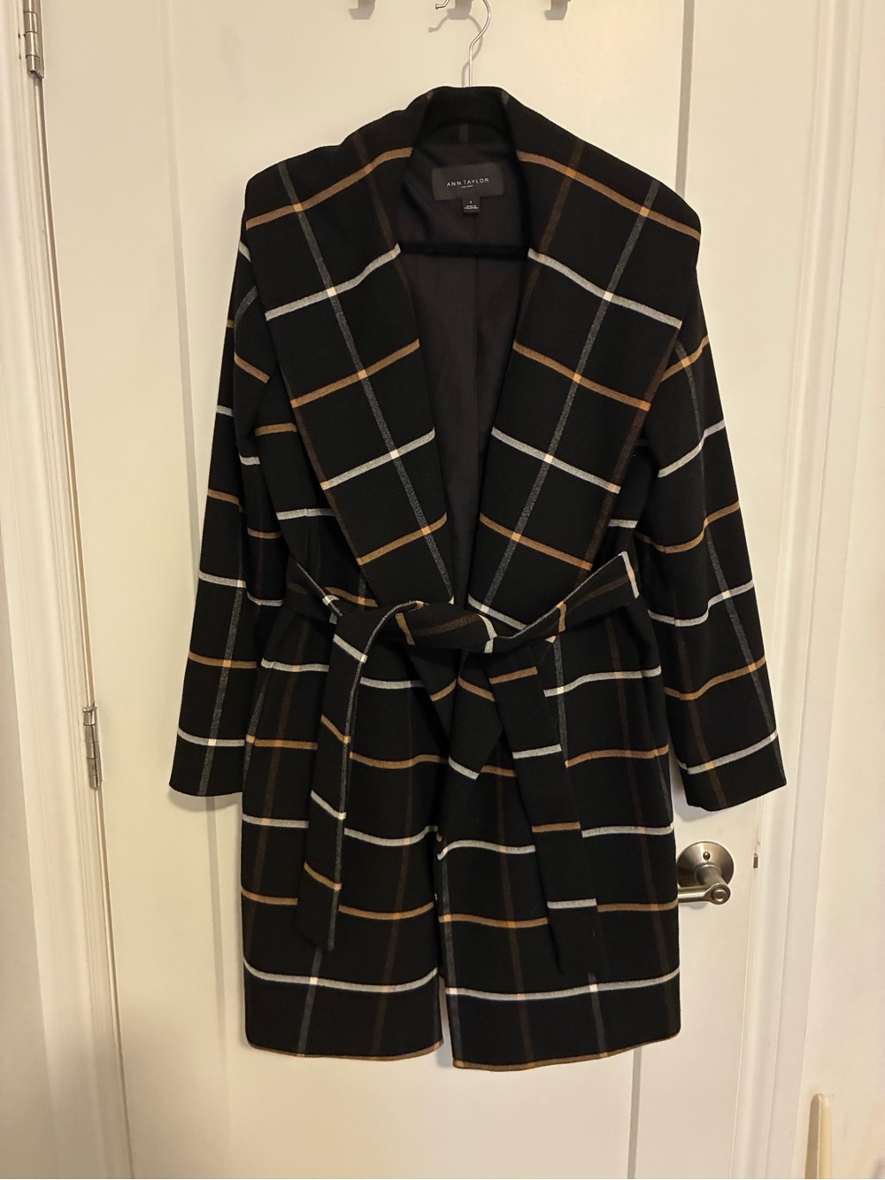 Ann Taylor Factory Black Plaid Coat with Tan & White Windowpane